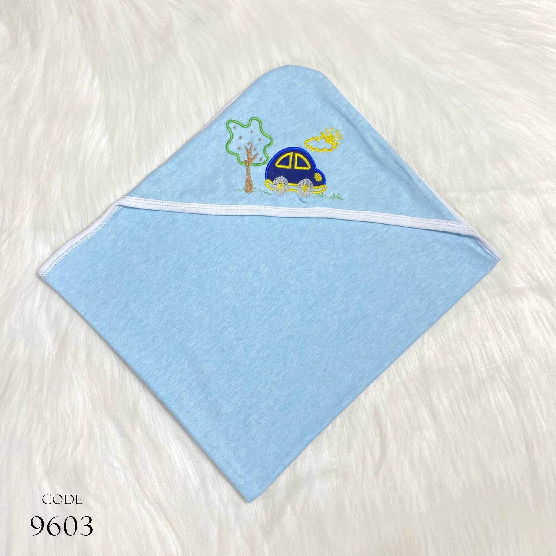 Single-Layer Cotton Blanket 9603 For Newborns - Embroidered Design Blue