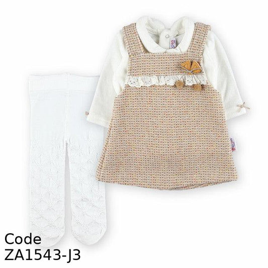 Dress ZA1543-J 2 piece with Tights White and Beige For Girls